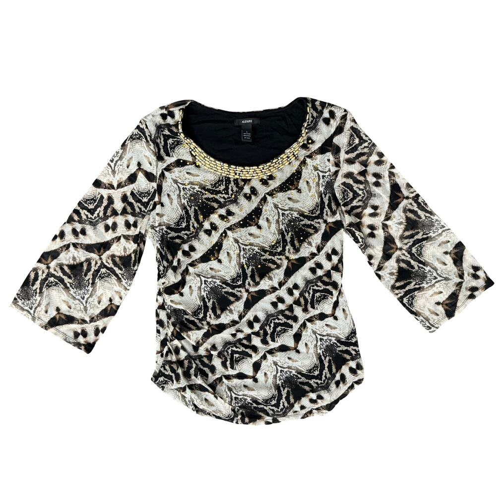 Alfani Brown Cream Animal Print Long Sleeve Beaded Scoop Neck Blouse Top size L